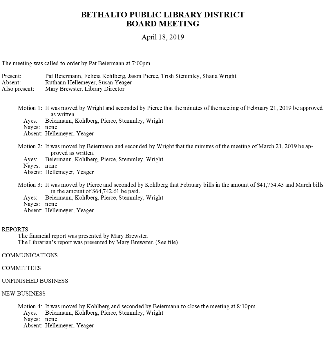 April 18, 2019 Board Minutes