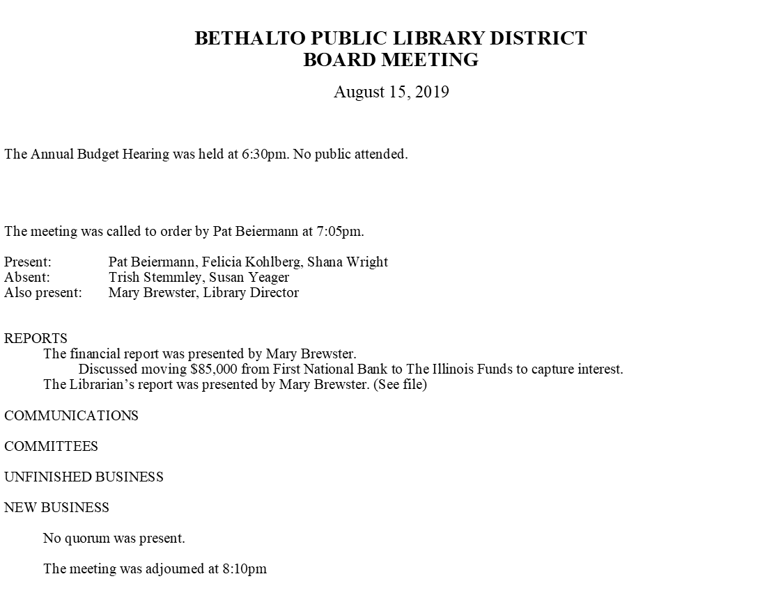 August 15, 2019 Board Minutes