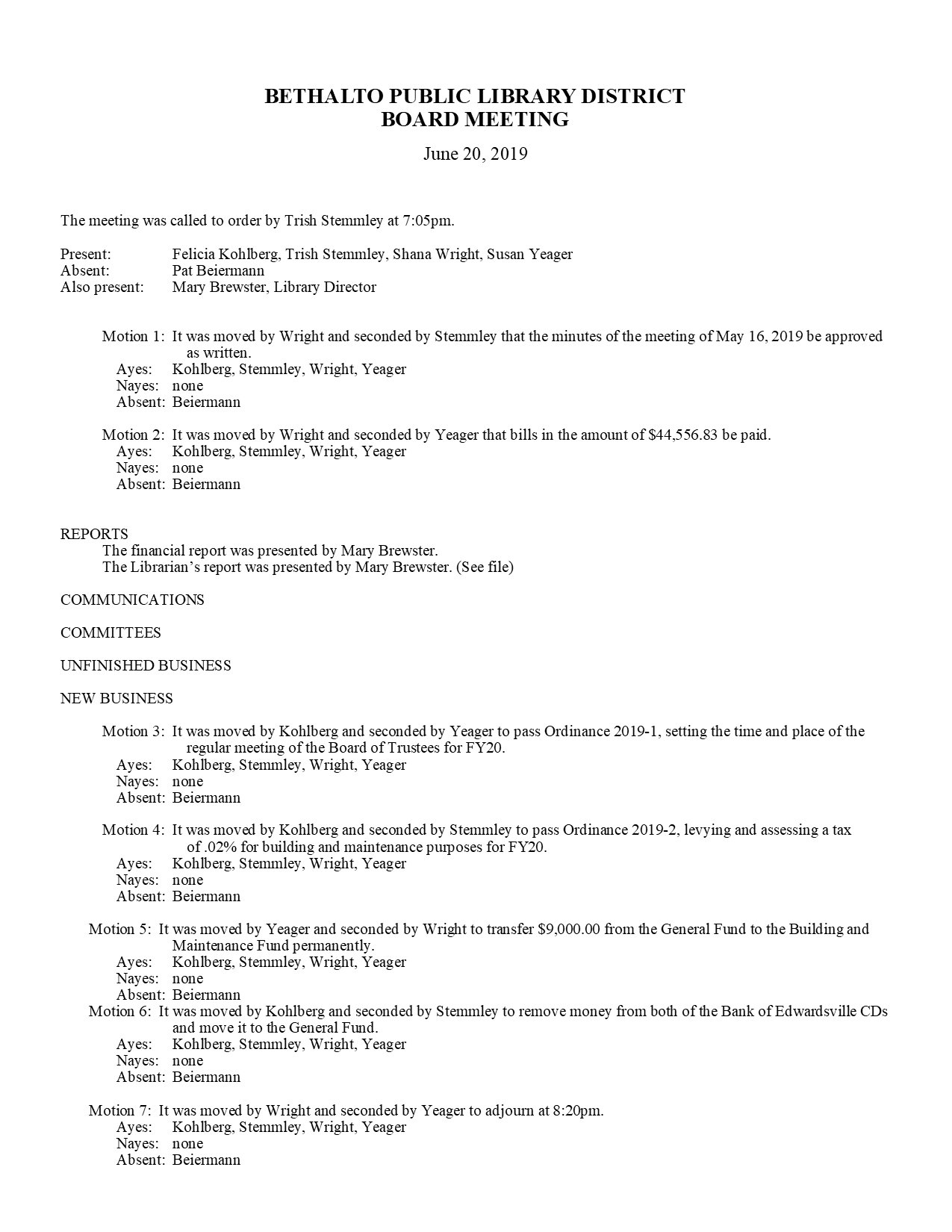 June 20, 2019 Board Minutes