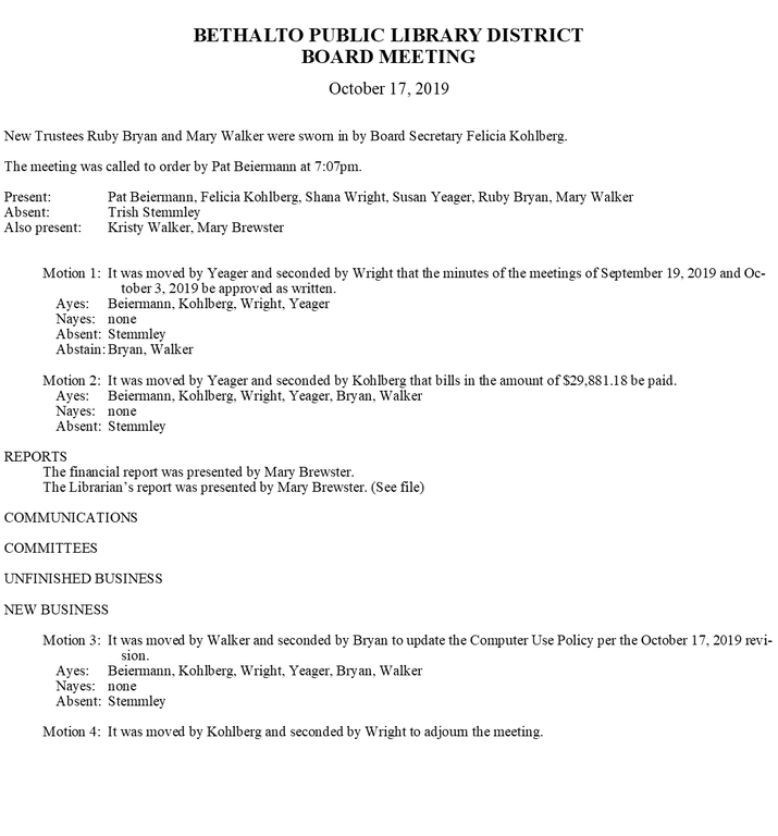 October 17, 2019 Board Minutes