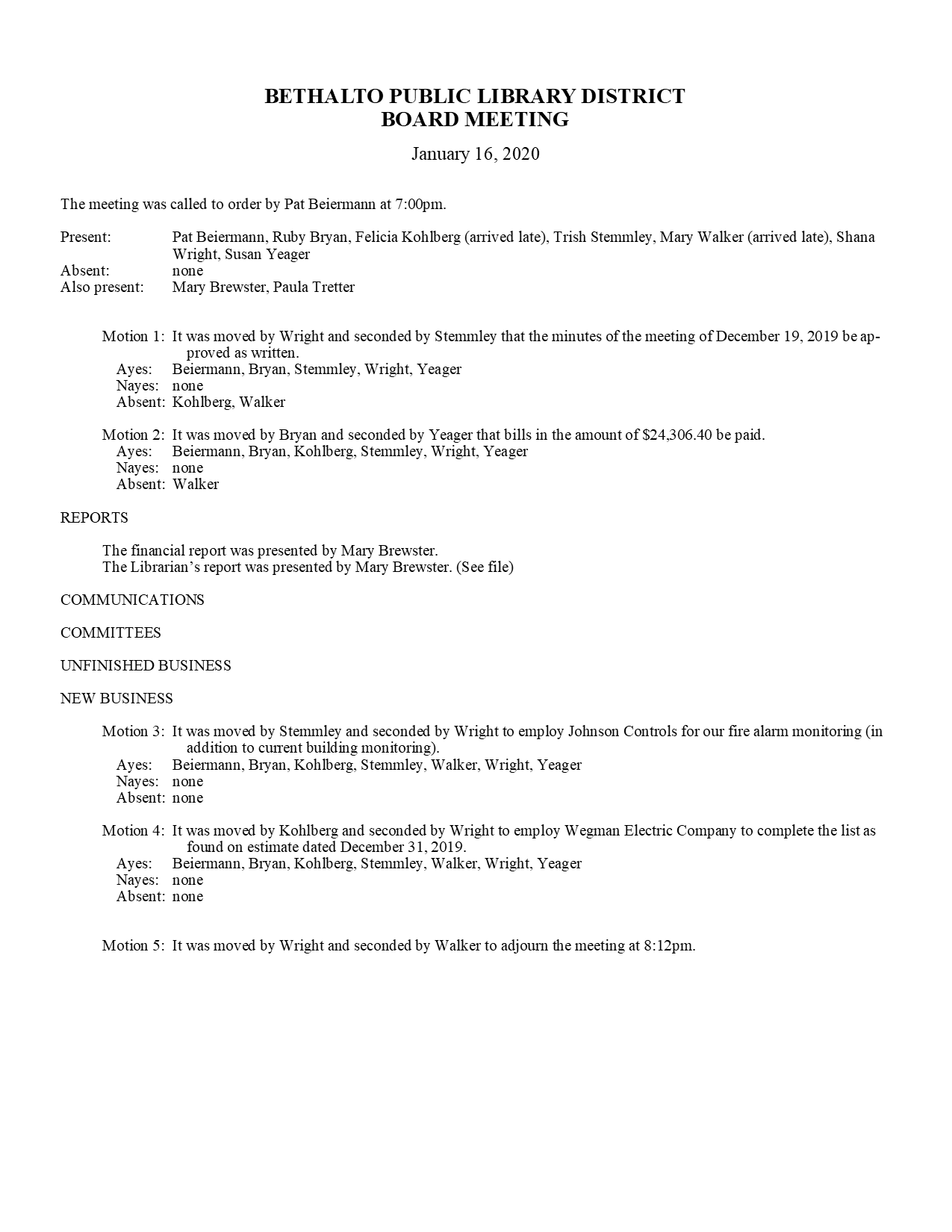 January 16, 2020 Board Minutes