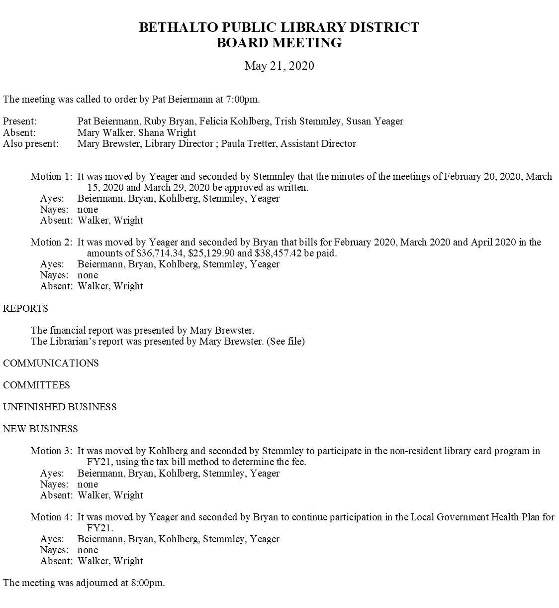 May 21, 2020 Board Minutes