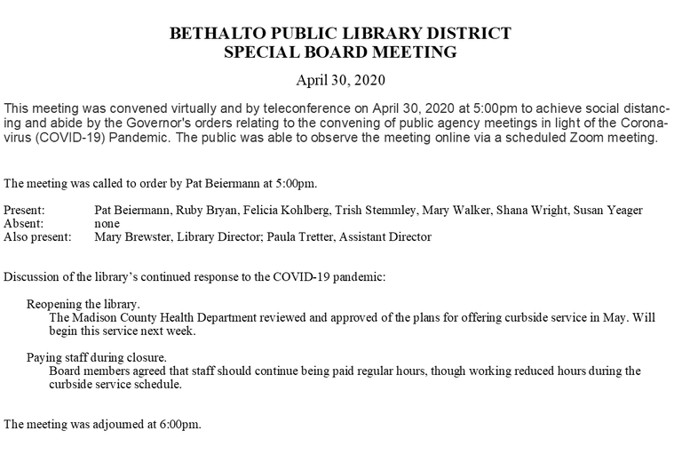 April 30, 2020 Special Board Minutes