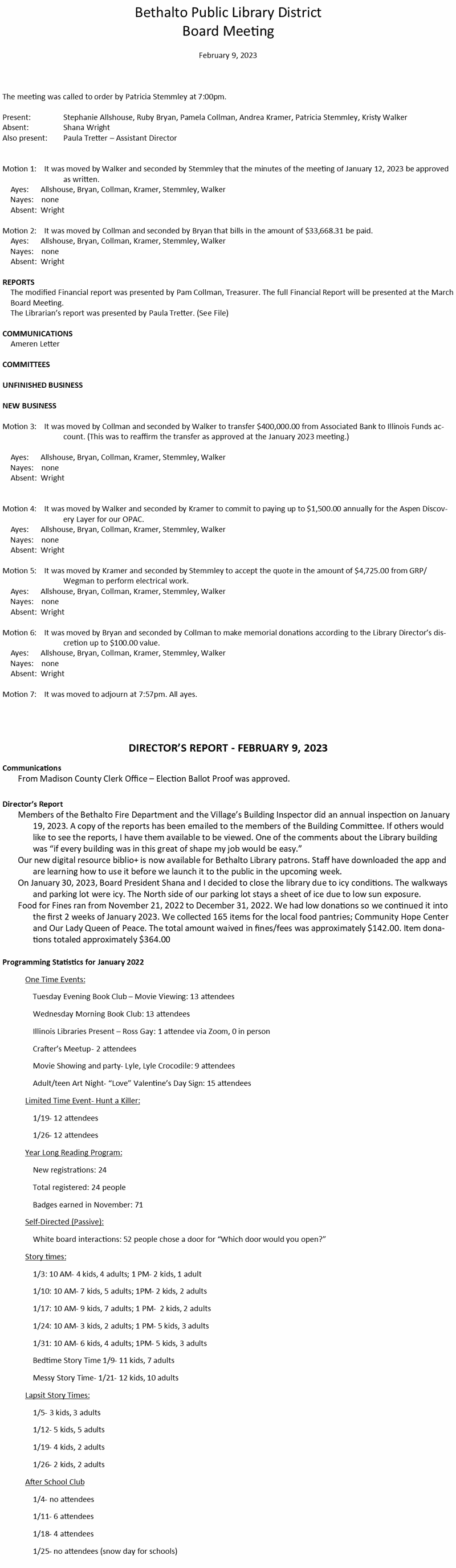 February 9, 2023 - Board Minutes