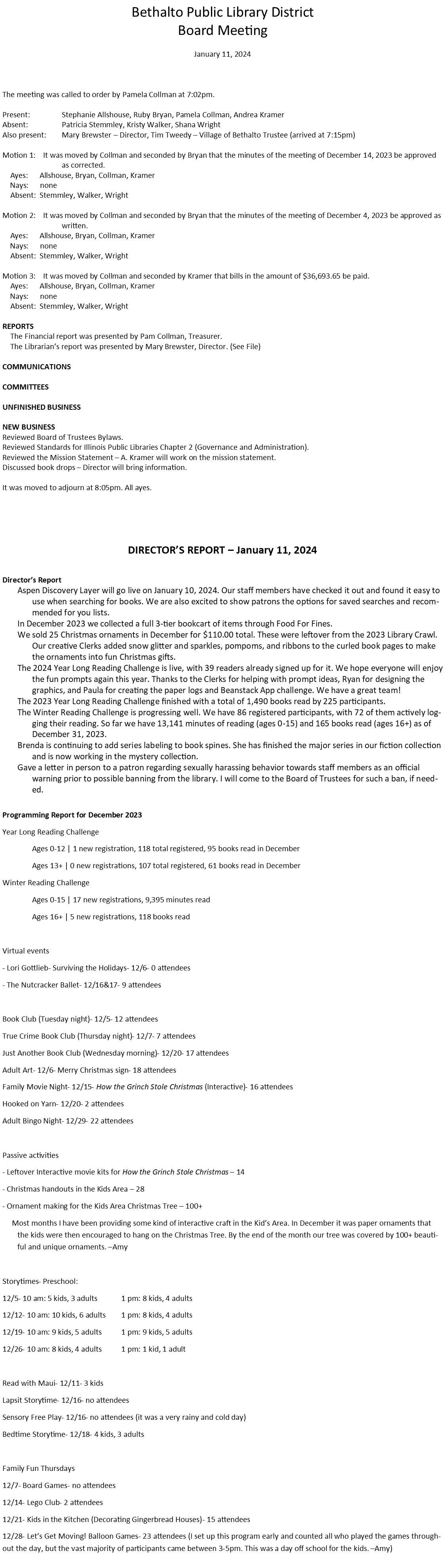 January 11, 2024 - Board Minutes