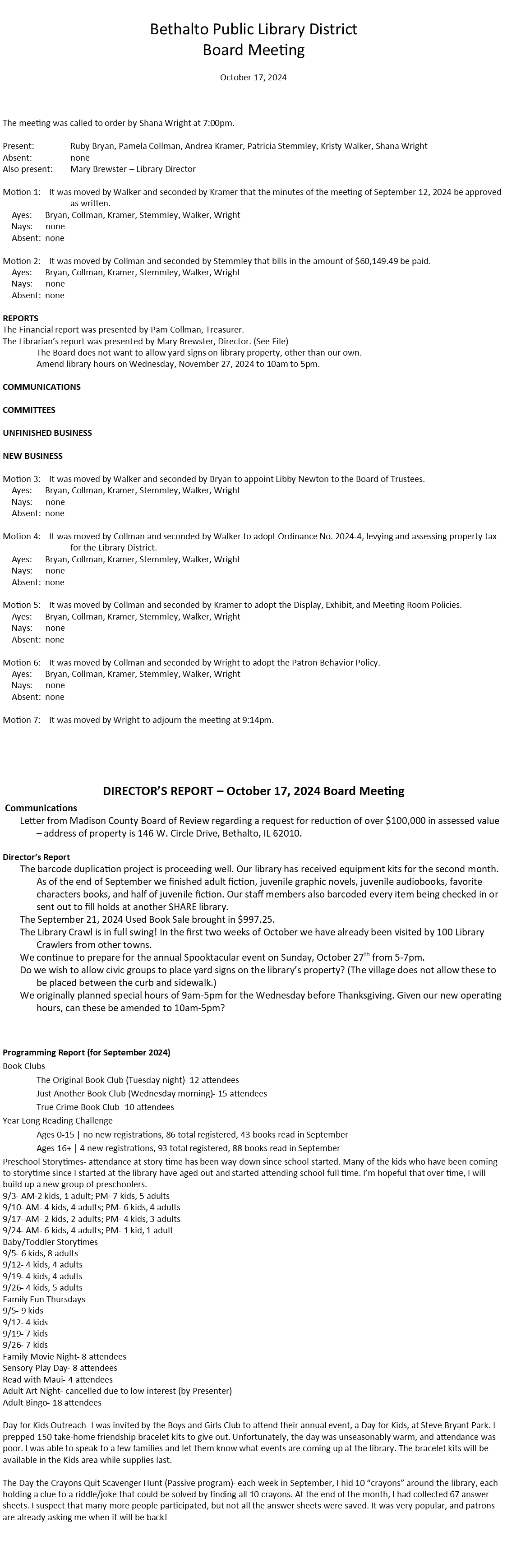 October 17, 2024 - Board Minutes