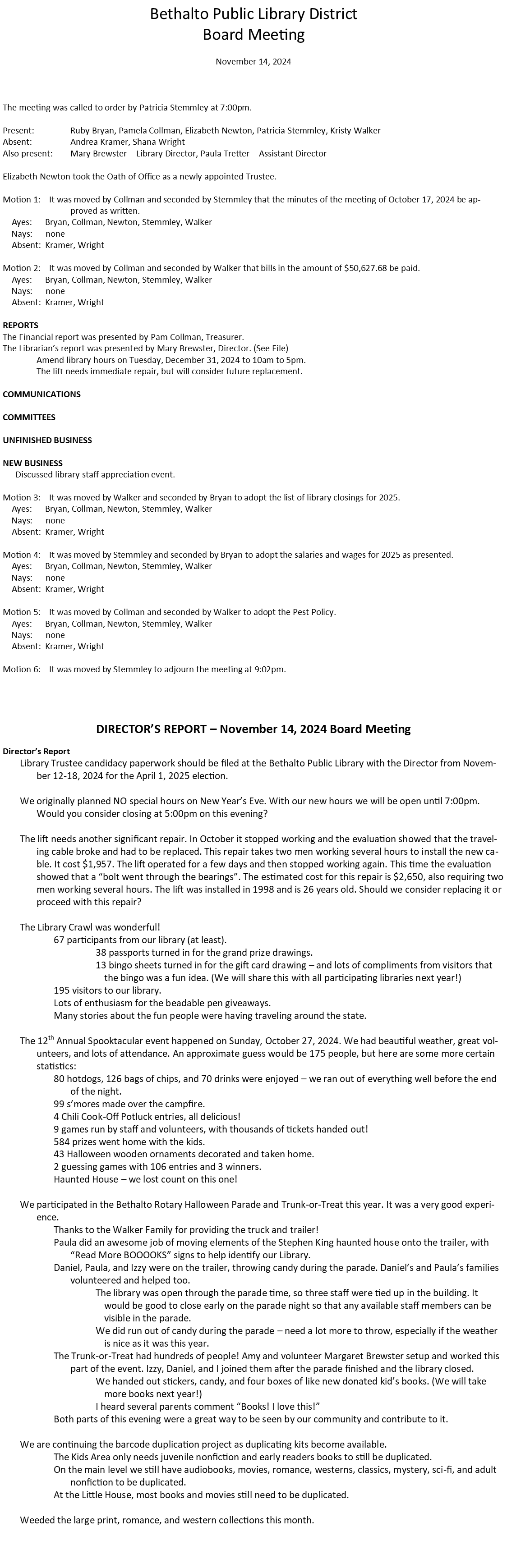 November 14, 2024 - Board Minutes