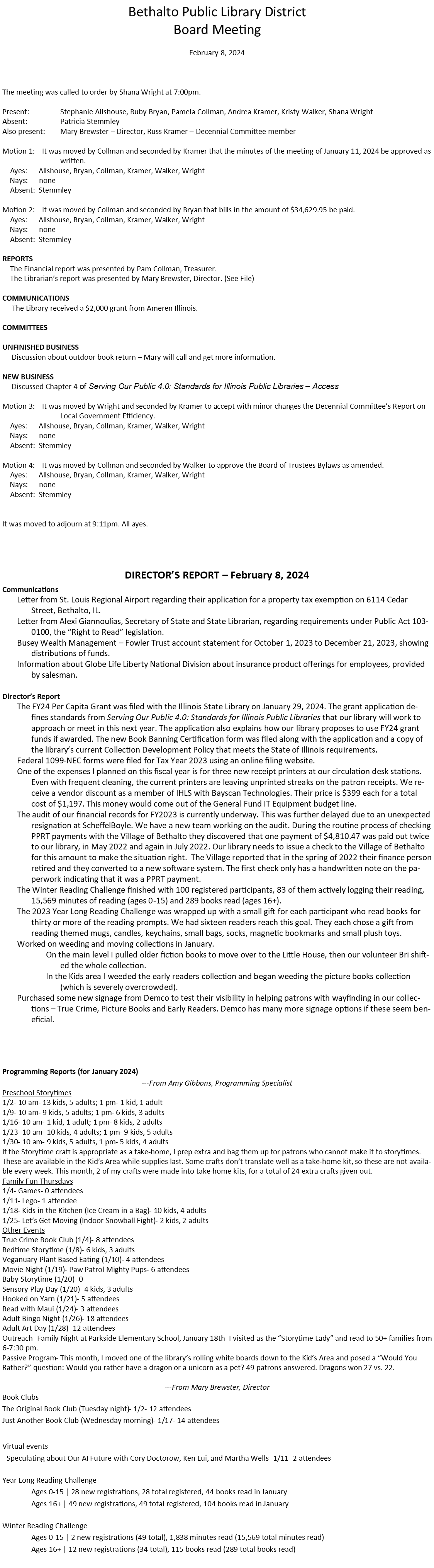 February 8, 2024 - Board Minutes