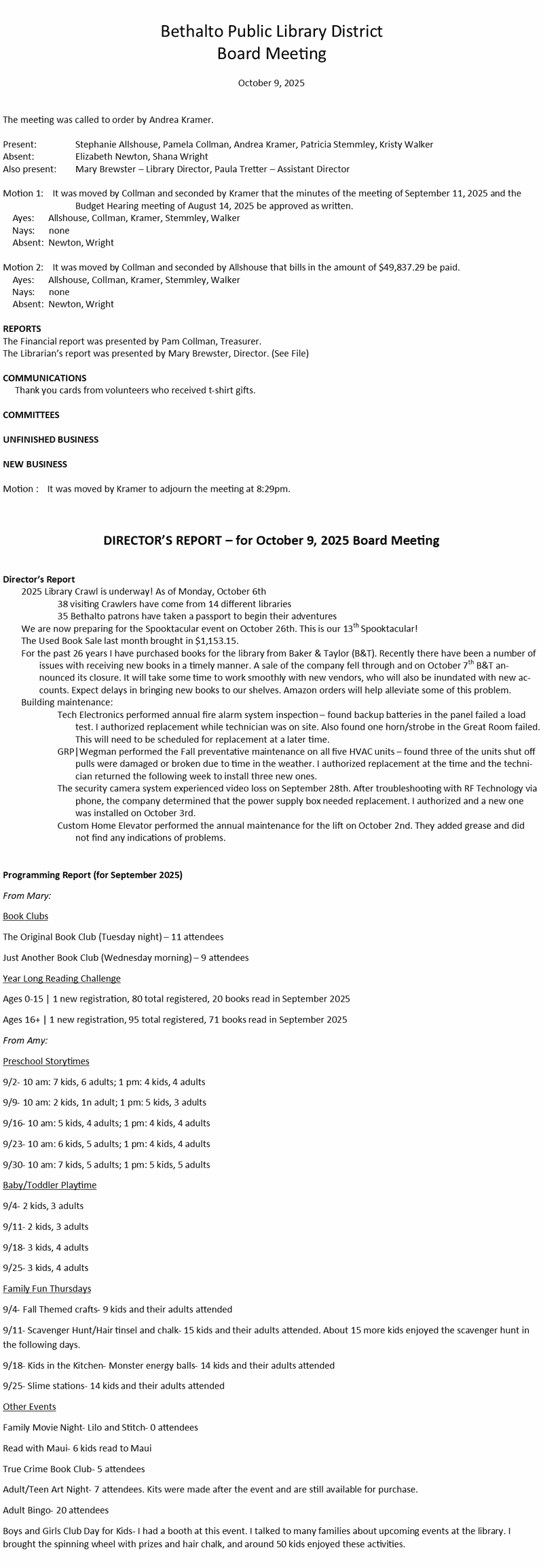 October 9, 2025 - Board Minutes