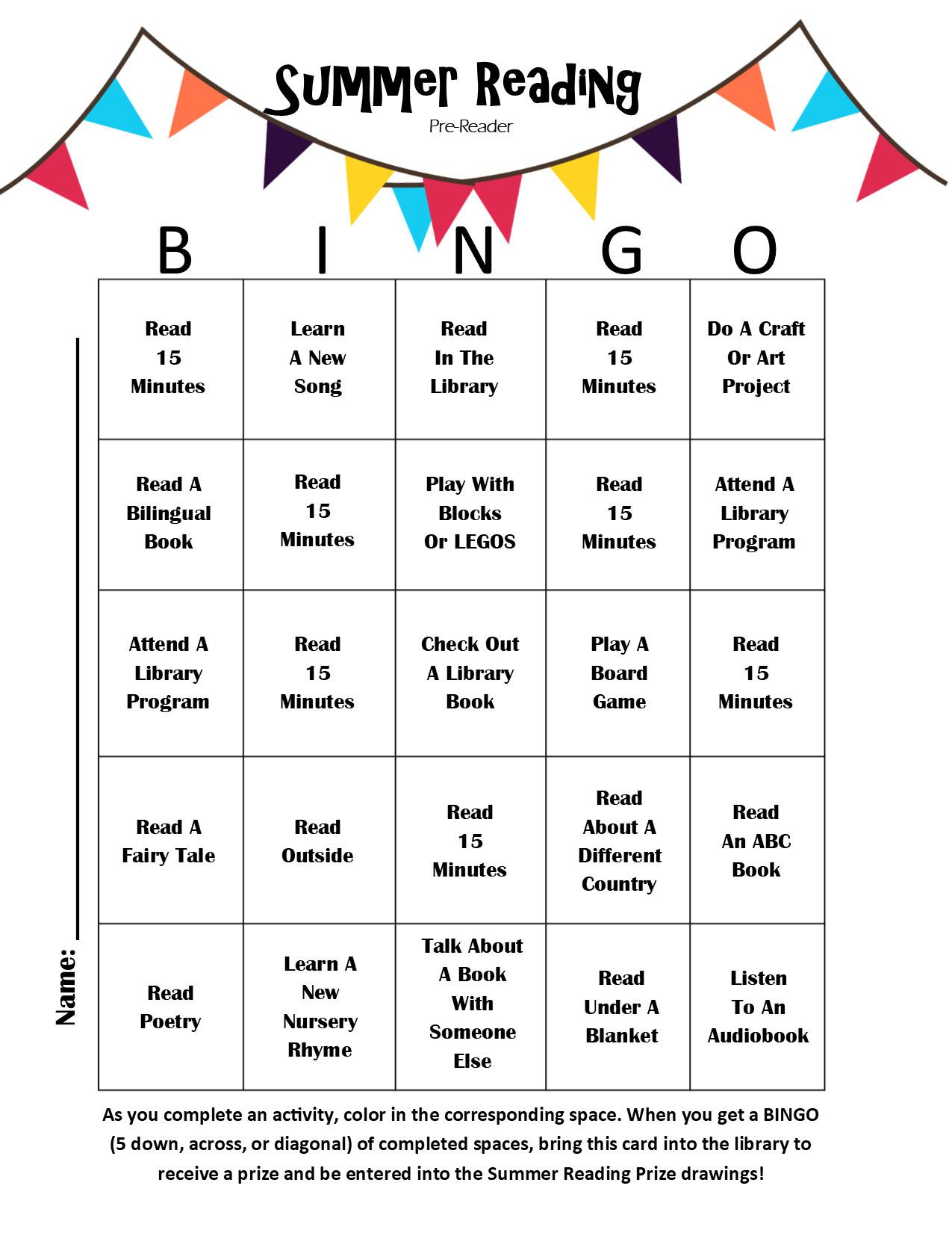 Summer Reading Bingo - Pre-Reader.png